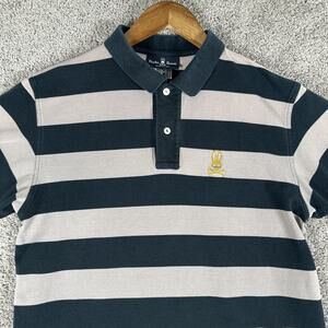 Psycho Bunny Shirt Mens 7 Gray Navy Blue Striped Knit Polo Preppy (Actual L)